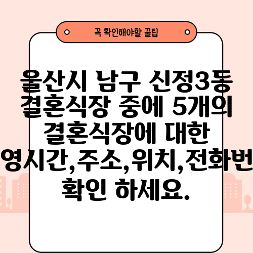 울산시 남구 신정3동 결혼식장 중에 5개의 결혼식장에 대한 운영시간,주소,위치,전화번호 확인 하세요.