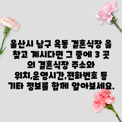 울산시 남구 옥동 결혼식장 을 찾고 계시다면 그 중에 3 곳 의 결혼식장 주소와 위치,운영시간,전화번호 등 기타 정보를 함께 알아보세요.