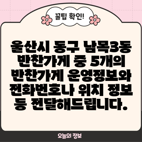 울산시 동구 남목3동 반찬가게 중 5개의 반찬가게 운영정보와 전화번호나 위치 정보 등 전달해드립니다.