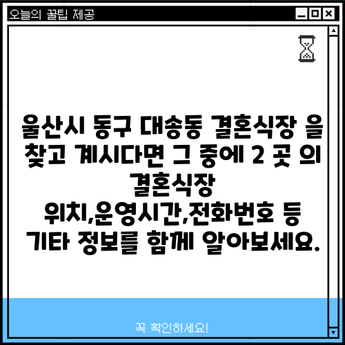 울산시 동구 대송동 결혼식장 을 찾고 계시다면 그 중에 2 곳 의 결혼식장 위치,운영시간,전화번호 등 기타 정보를 함께 알아보세요.
