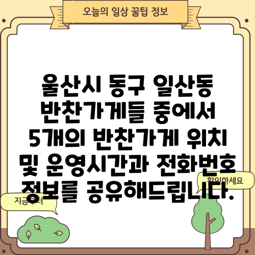 울산시 동구 일산동 반찬가게들 중에서 5개의 반찬가게 위치 및 운영시간과 전화번호 정보를 공유해드립니다.