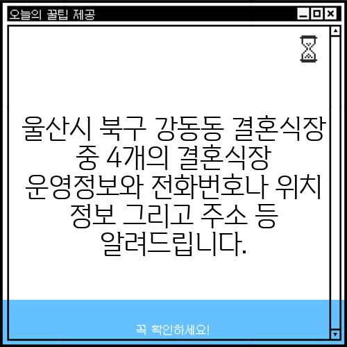 울산시 북구 강동동 결혼식장 중 4개의 결혼식장 운영정보와 전화번호나 위치 정보 그리고 주소 등 알려드립니다.