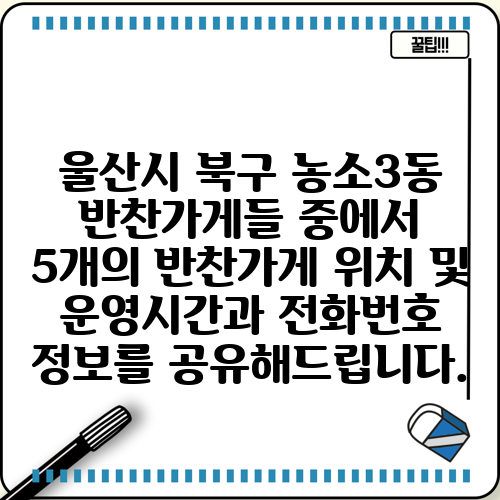 울산시 북구 농소3동 반찬가게들 중에서 5개의 반찬가게 위치 및 운영시간과 전화번호 정보를 공유해드립니다.
