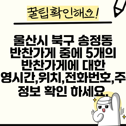 울산시 북구 송정동 반찬가게 중에 5개의 반찬가게에 대한 운영시간,위치,전화번호,주소 정보 확인 하세요.