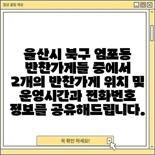 울산시 북구 염포동 반찬가게들 중에서 2개의 반찬가게 위치 및 운영시간과 전화번호 정보를 공유해드립니다.