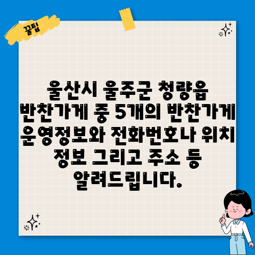울산시 울주군 청량읍 반찬가게 중 5개의 반찬가게 운영정보와 전화번호나 위치 정보 그리고 주소 등 알려드립니다.