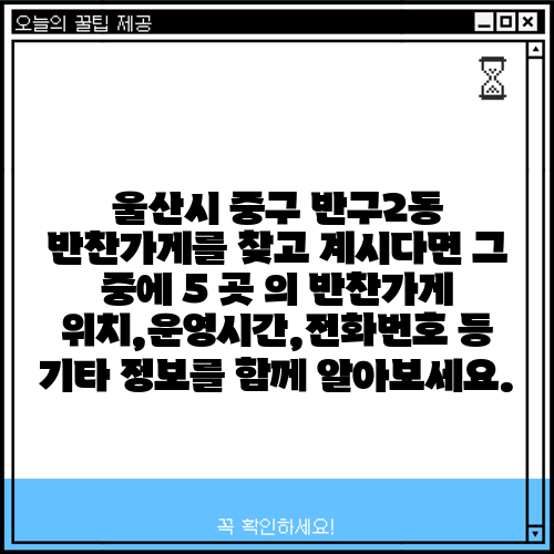 울산시 중구 반구2동 반찬가게를 찾고 계시다면 그 중에 5 곳 의 반찬가게 위치,운영시간,전화번호 등 기타 정보를 함께 알아보세요.