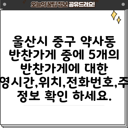 울산시 중구 약사동 반찬가게 중에 5개의 반찬가게에 대한 운영시간,위치,전화번호,주소 정보 확인 하세요.