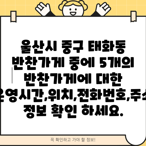 울산시 중구 태화동 반찬가게 중에 5개의 반찬가게에 대한 운영시간,위치,전화번호,주소 정보 확인 하세요.