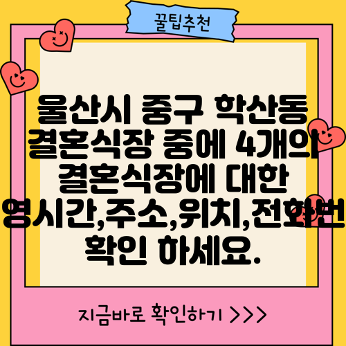 울산시 중구 학산동 결혼식장 중에 4개의 결혼식장에 대한 운영시간,주소,위치,전화번호 확인 하세요.