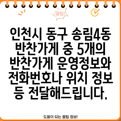 인천시 동구 송림4동 반찬가게 중 5개의 반찬가게 운영정보와 전화번호나 위치 정보 등 전달해드립니다.