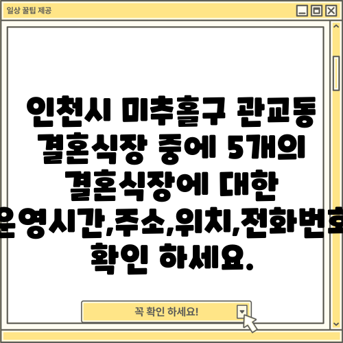 인천시 미추홀구 관교동 결혼식장 중에 5개의 결혼식장에 대한 운영시간,주소,위치,전화번호 확인 하세요.
