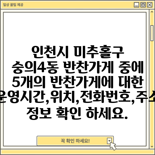 인천시 미추홀구 숭의4동 반찬가게 중에 5개의 반찬가게에 대한 운영시간,위치,전화번호,주소 정보 확인 하세요.