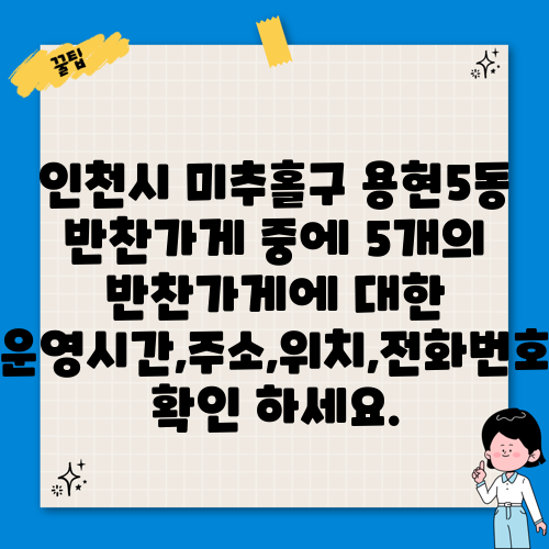인천시 미추홀구 용현5동 반찬가게 중에 5개의 반찬가게에 대한 운영시간,주소,위치,전화번호 확인 하세요.