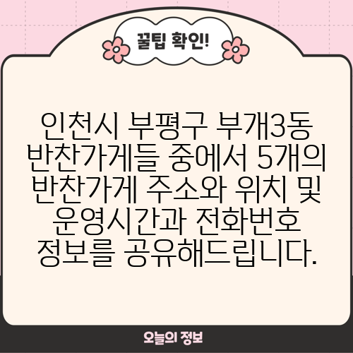 인천시 부평구 부개3동 반찬가게들 중에서 5개의 반찬가게 주소와 위치 및 운영시간과 전화번호 정보를 공유해드립니다.