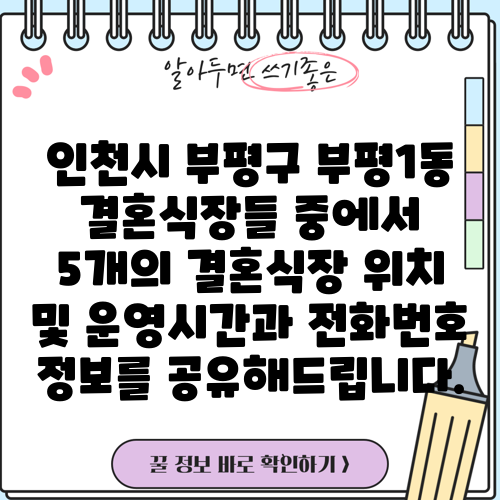 인천시 부평구 부평1동 결혼식장들 중에서 5개의 결혼식장 위치 및 운영시간과 전화번호 정보를 공유해드립니다.