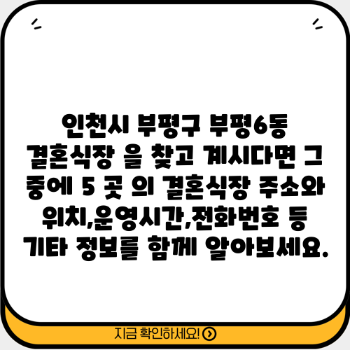 인천시 부평구 부평6동 결혼식장 을 찾고 계시다면 그 중에 5 곳 의 결혼식장 주소와 위치,운영시간,전화번호 등 기타 정보를 함께 알아보세요.