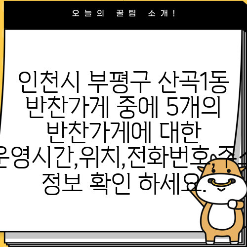 인천시 부평구 산곡1동 반찬가게 중에 5개의 반찬가게에 대한 운영시간,위치,전화번호,주소 정보 확인 하세요.