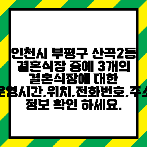 인천시 부평구 산곡2동 결혼식장 중에 3개의 결혼식장에 대한 운영시간,위치,전화번호,주소 정보 확인 하세요.