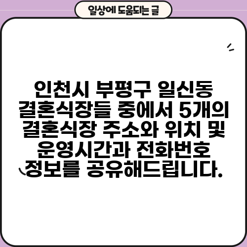 인천시 부평구 일신동 결혼식장들 중에서 5개의 결혼식장 주소와 위치 및 운영시간과 전화번호 정보를 공유해드립니다.