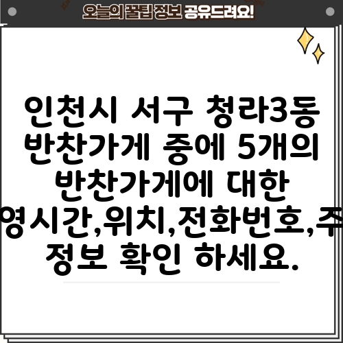 인천시 서구 청라3동 반찬가게 중에 5개의 반찬가게에 대한 운영시간,위치,전화번호,주소 정보 확인 하세요.