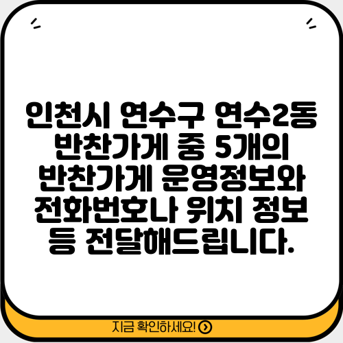 인천시 연수구 연수2동 반찬가게 중 5개의 반찬가게 운영정보와 전화번호나 위치 정보 등 전달해드립니다.