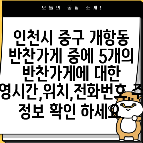 인천시 중구 개항동 반찬가게 중에 5개의 반찬가게에 대한 운영시간,위치,전화번호,주소 정보 확인 하세요.