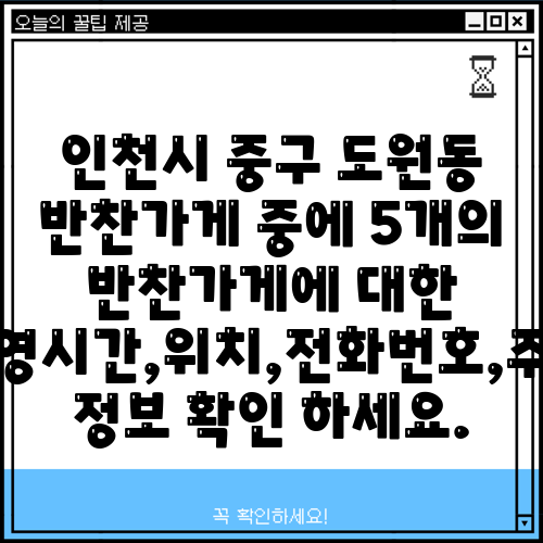 인천시 중구 도원동 반찬가게 중에 5개의 반찬가게에 대한 운영시간,위치,전화번호,주소 정보 확인 하세요.