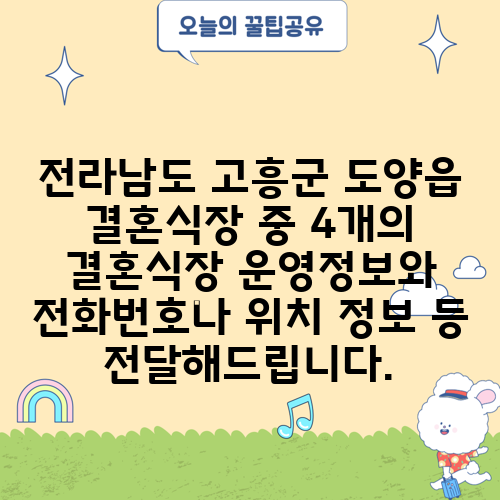 전라남도 고흥군 도양읍 결혼식장 중 4개의 결혼식장 운영정보와 전화번호나 위치 정보 등 전달해드립니다.