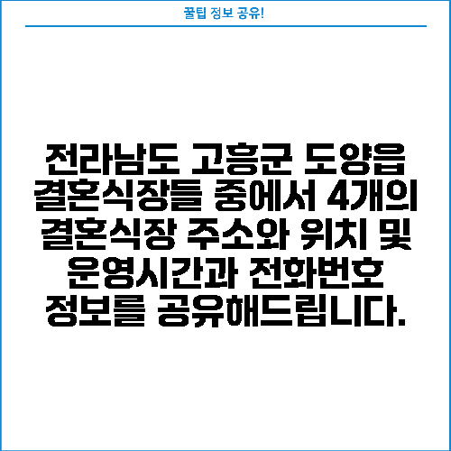 전라남도 고흥군 도양읍 결혼식장들 중에서 4개의 결혼식장 주소와 위치 및 운영시간과 전화번호 정보를 공유해드립니다.