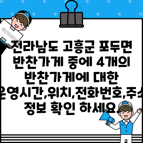 전라남도 고흥군 포두면 반찬가게 중에 4개의 반찬가게에 대한 운영시간,위치,전화번호,주소 정보 확인 하세요.