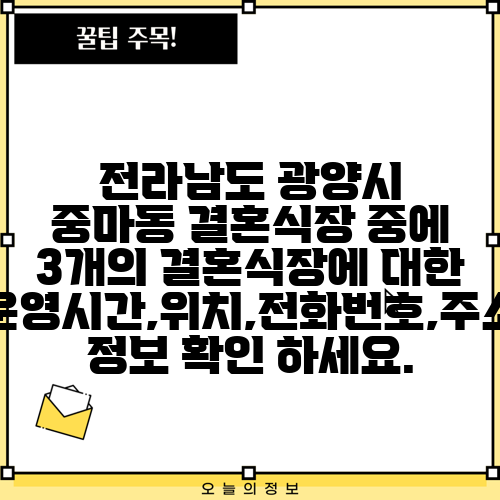 전라남도 광양시 중마동 결혼식장 중에 3개의 결혼식장에 대한 운영시간,위치,전화번호,주소 정보 확인 하세요.