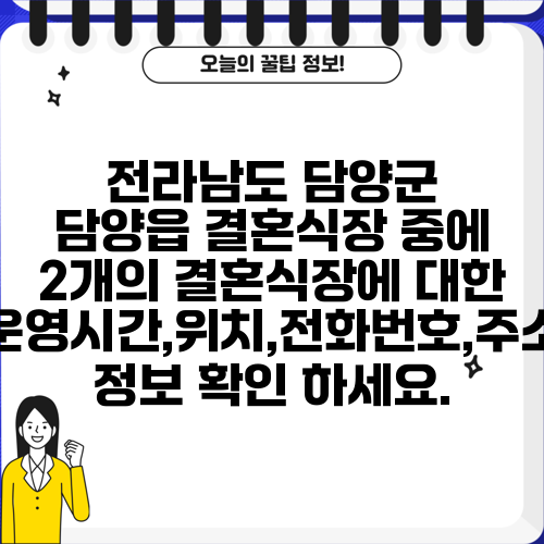 전라남도 담양군 담양읍 결혼식장 중에 2개의 결혼식장에 대한 운영시간,위치,전화번호,주소 정보 확인 하세요.