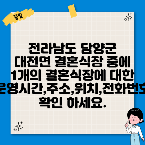 전라남도 담양군 대전면 결혼식장 중에 1개의 결혼식장에 대한 운영시간,주소,위치,전화번호 확인 하세요.