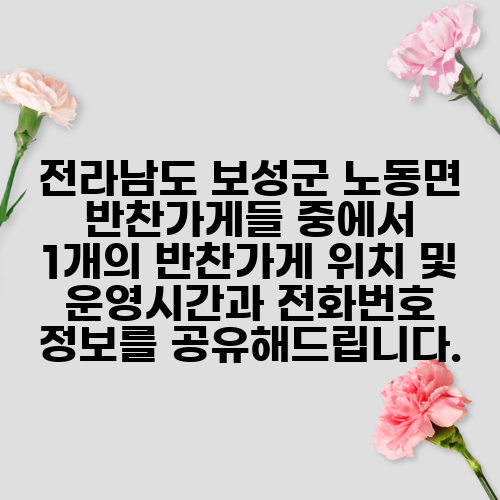 전라남도 보성군 노동면 반찬가게들 중에서 1개의 반찬가게 위치 및 운영시간과 전화번호 정보를 공유해드립니다.