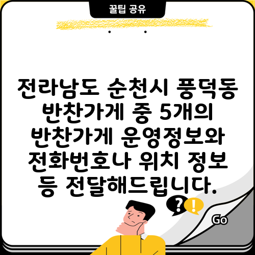 전라남도 순천시 풍덕동 반찬가게 중 5개의 반찬가게 운영정보와 전화번호나 위치 정보 등 전달해드립니다.