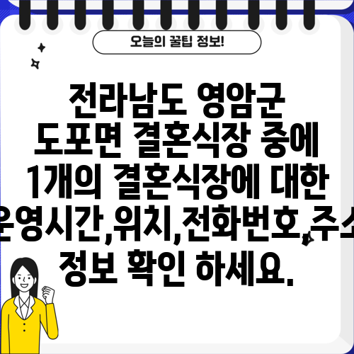 전라남도 영암군 도포면 결혼식장 중에 1개의 결혼식장에 대한 운영시간,위치,전화번호,주소 정보 확인 하세요.