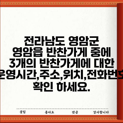 전라남도 영암군 영암읍 반찬가게 중에 3개의 반찬가게에 대한 운영시간,주소,위치,전화번호 확인 하세요.