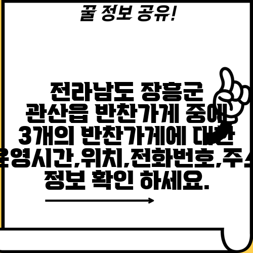 전라남도 장흥군 관산읍 반찬가게 중에 3개의 반찬가게에 대한 운영시간,위치,전화번호,주소 정보 확인 하세요.