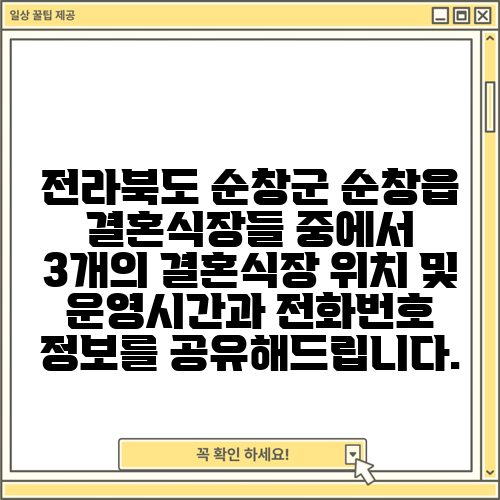 전라북도 순창군 순창읍 결혼식장들 중에서 3개의 결혼식장 위치 및 운영시간과 전화번호 정보를 공유해드립니다.