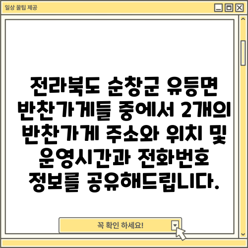 전라북도 순창군 유등면 반찬가게들 중에서 2개의 반찬가게 주소와 위치 및 운영시간과 전화번호 정보를 공유해드립니다.