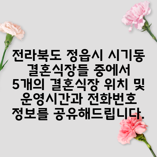 전라북도 정읍시 시기동 결혼식장들 중에서 5개의 결혼식장 위치 및 운영시간과 전화번호 정보를 공유해드립니다.