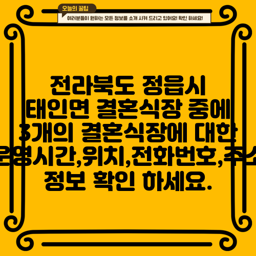 전라북도 정읍시 태인면 결혼식장 중에 3개의 결혼식장에 대한 운영시간,위치,전화번호,주소 정보 확인 하세요.