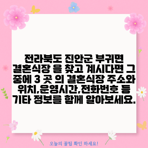 전라북도 진안군 부귀면 결혼식장 을 찾고 계시다면 그 중에 3 곳 의 결혼식장 주소와 위치,운영시간,전화번호 등 기타 정보를 함께 알아보세요.