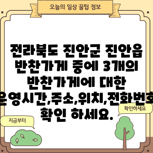 전라북도 진안군 진안읍 반찬가게 중에 3개의 반찬가게에 대한 운영시간,주소,위치,전화번호 확인 하세요.