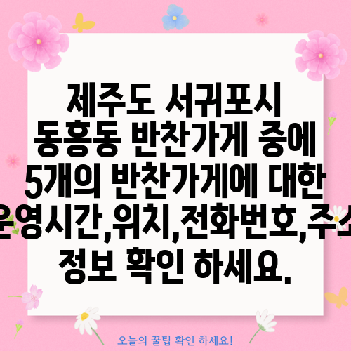 제주도 서귀포시 동홍동 반찬가게 중에 5개의 반찬가게에 대한 운영시간,위치,전화번호,주소 정보 확인 하세요.