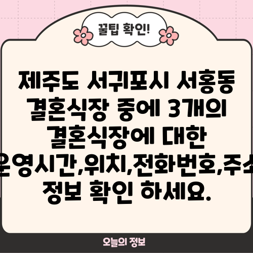 제주도 서귀포시 서홍동 결혼식장 중에 3개의 결혼식장에 대한 운영시간,위치,전화번호,주소 정보 확인 하세요.
