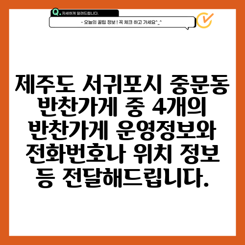제주도 서귀포시 중문동 반찬가게 중 4개의 반찬가게 운영정보와 전화번호나 위치 정보 등 전달해드립니다.