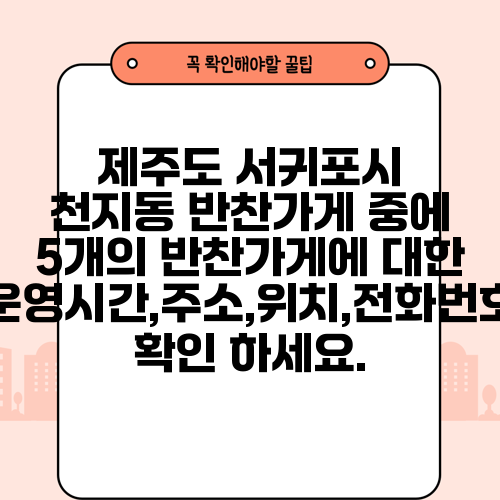 제주도 서귀포시 천지동 반찬가게 중에 5개의 반찬가게에 대한 운영시간,주소,위치,전화번호 확인 하세요.