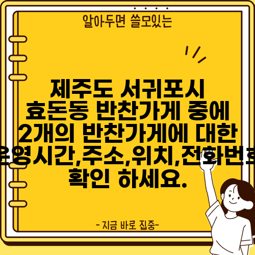 제주도 서귀포시 효돈동 반찬가게 중에 2개의 반찬가게에 대한 운영시간,주소,위치,전화번호 확인 하세요.